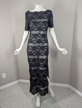 Vintage Sheer Lace Maxi Dress Black Stretch Bodycon Lingerie Style Size Small